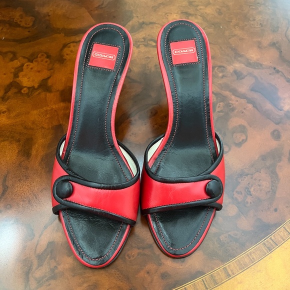 Coach Shoes - Coach Leather Red/Black Open Toe Slide Sandals Heels Button Italy Size 6B